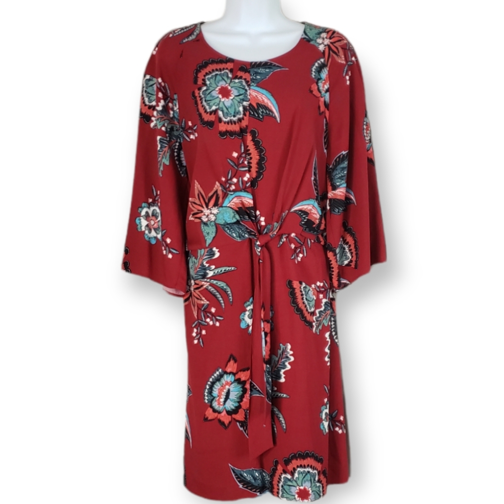 NWT Madison red embroidered blue & pink floral long sleeve dress Womens Large